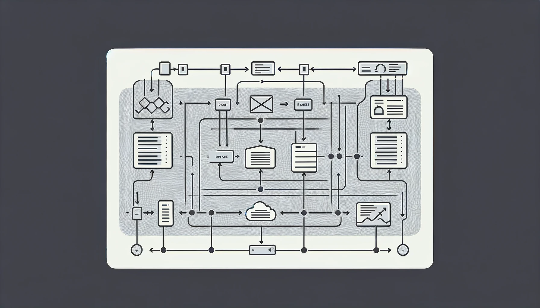 DALL·E 2023-11-22 14.15.11 - A minimalistic and wider schematic diagram in a 16_9 ratio, representing the data architecture flow in PowerBI. The diagram includes a dataflow at the.png